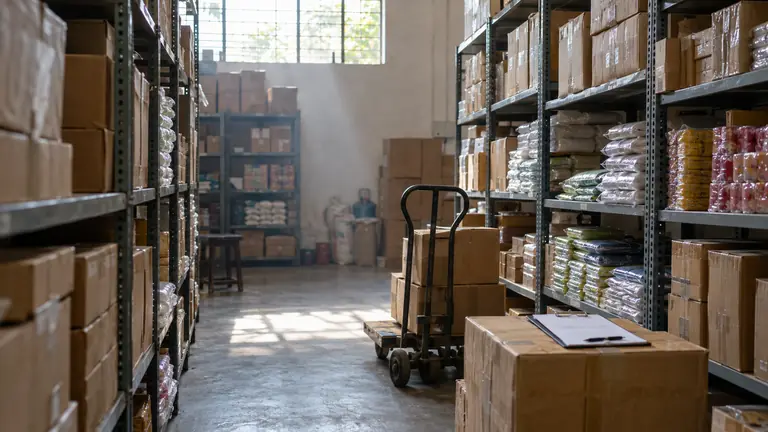The stockroom of a wholesale distributor, with cartons stacked on tall metal shelves