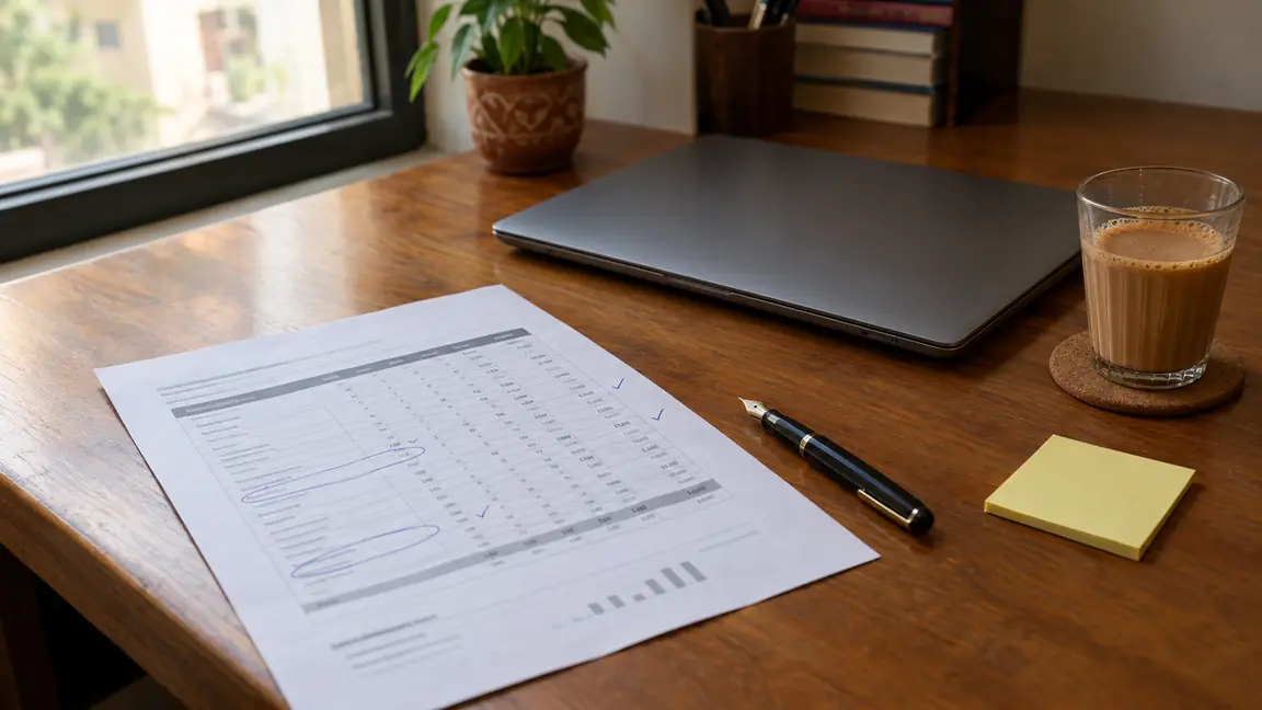 A desk with a printed report marked in pen, a closed laptop and a glass of chai