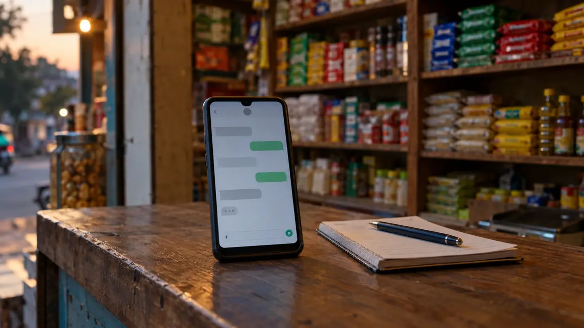 A phone on a shop counter showing a messaging conversation, with shelves of goods behind it