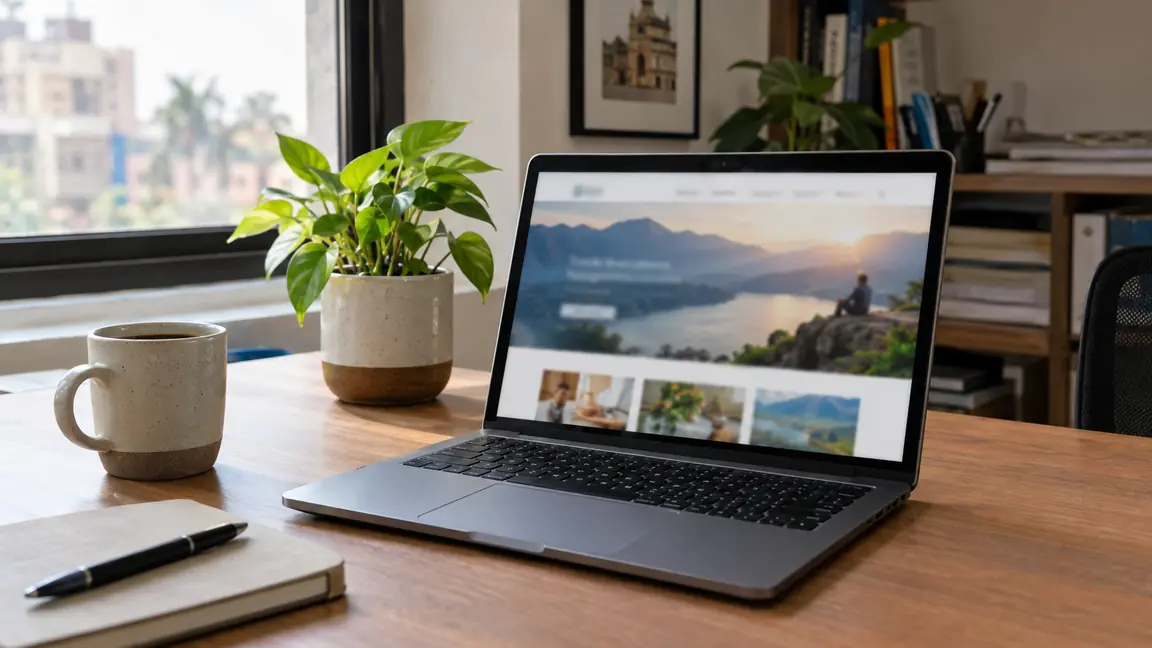 A laptop on an office desk showing a business website, beside a plant and a mug