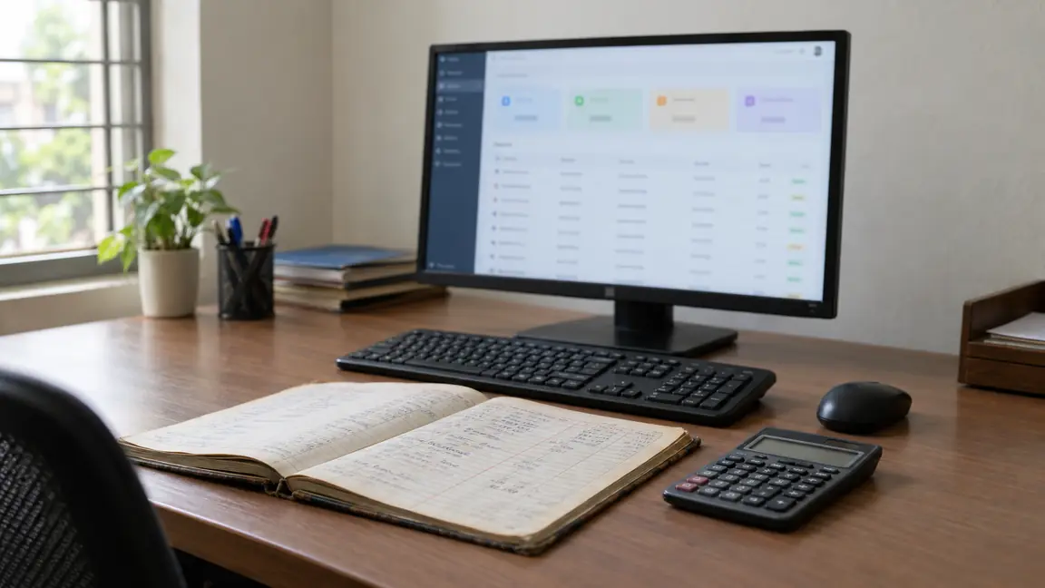 A monitor showing a business web app with a list of invoices, beside an old paper ledger and a calculator