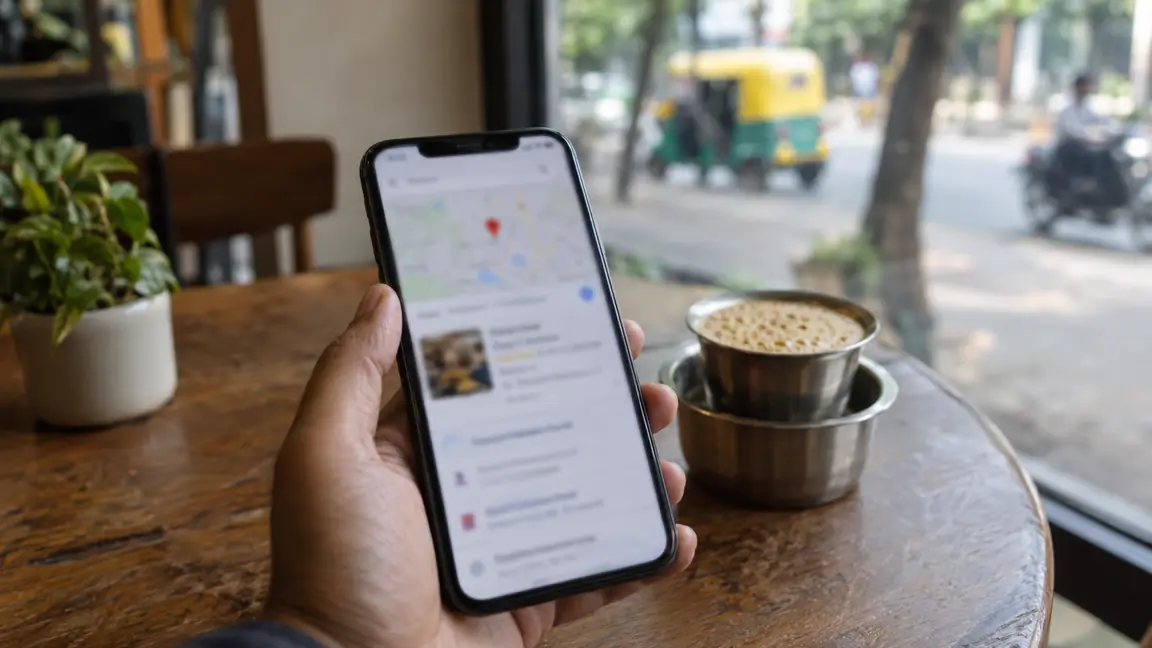A hand holding a phone that shows search results and a map, at a cafe table