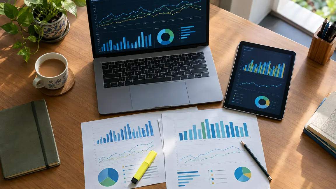 A laptop, a tablet and printed pages of charts on a desk, the pages marked with a highlighter