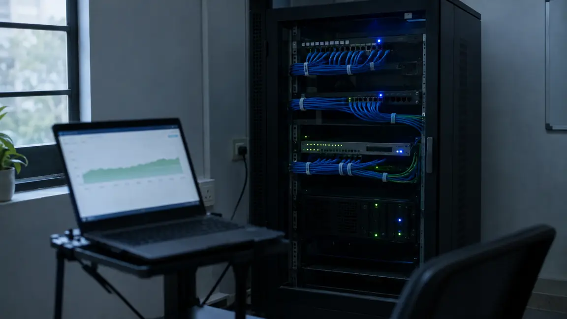A small server cabinet with bundled network cables, and a laptop in front of it showing an uptime graph